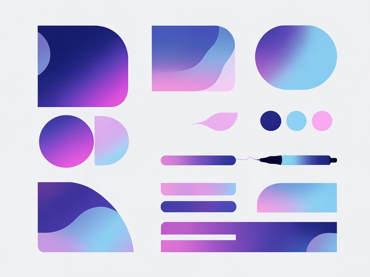 Illustration of gradient brand shapes, colour swatches and a pen tool for creative identity work