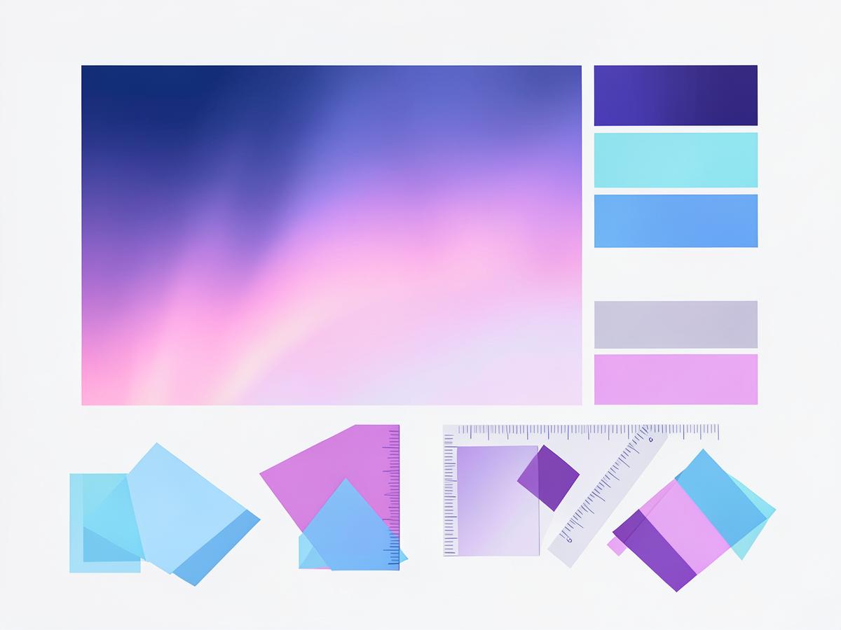 Illustration of gradient artboards, colour swatches, rulers and geometric shapes for graphic design