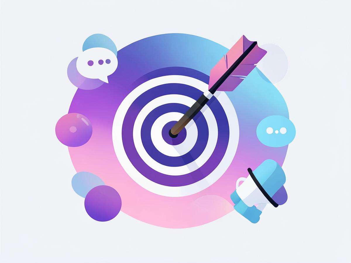 Illustration of a target with an arrow in the bullseye, megaphone and chat bubbles for digital marketing