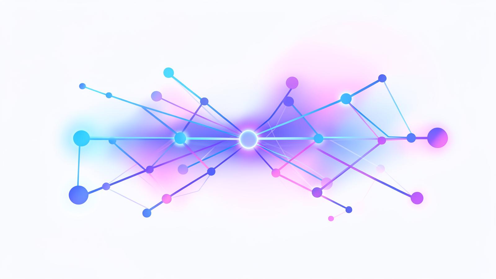 Illustration of a glowing network of connected nodes in gradient blue, violet and pink