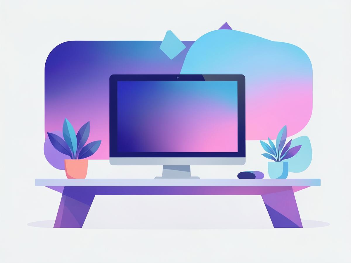 Illustration of a bright creative studio desk with a gradient screen and plants