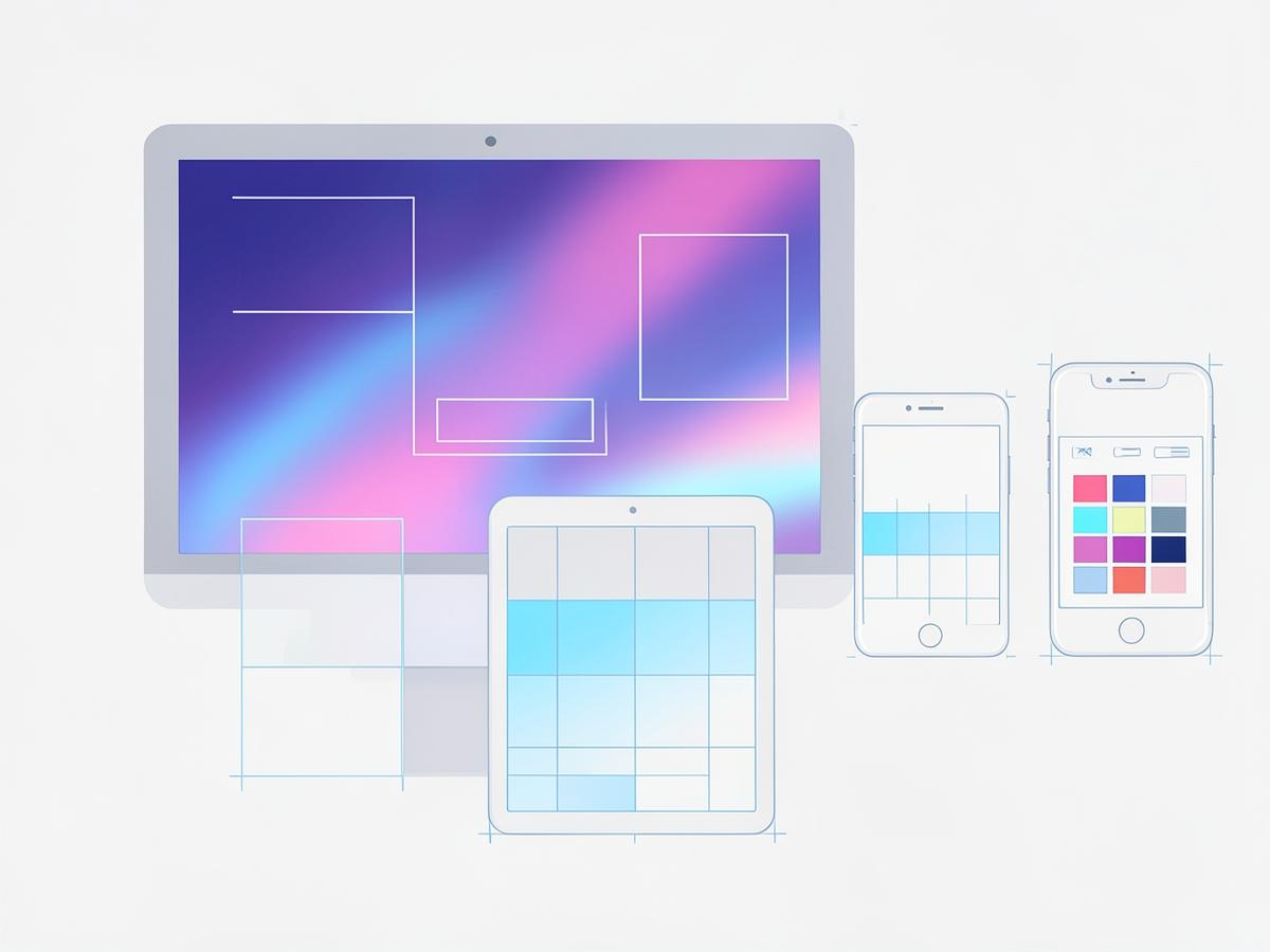 Illustration of responsive website layouts on desktop, tablet and phone screens with a colour palette